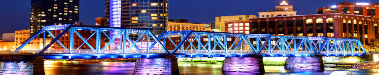 Bridge over the Grand River at night.